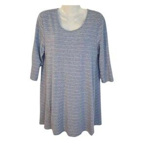 Garnet Hill Women M Lyocell 3/4 Sleev Blue Striped Minimalist Shift Jersey Dress